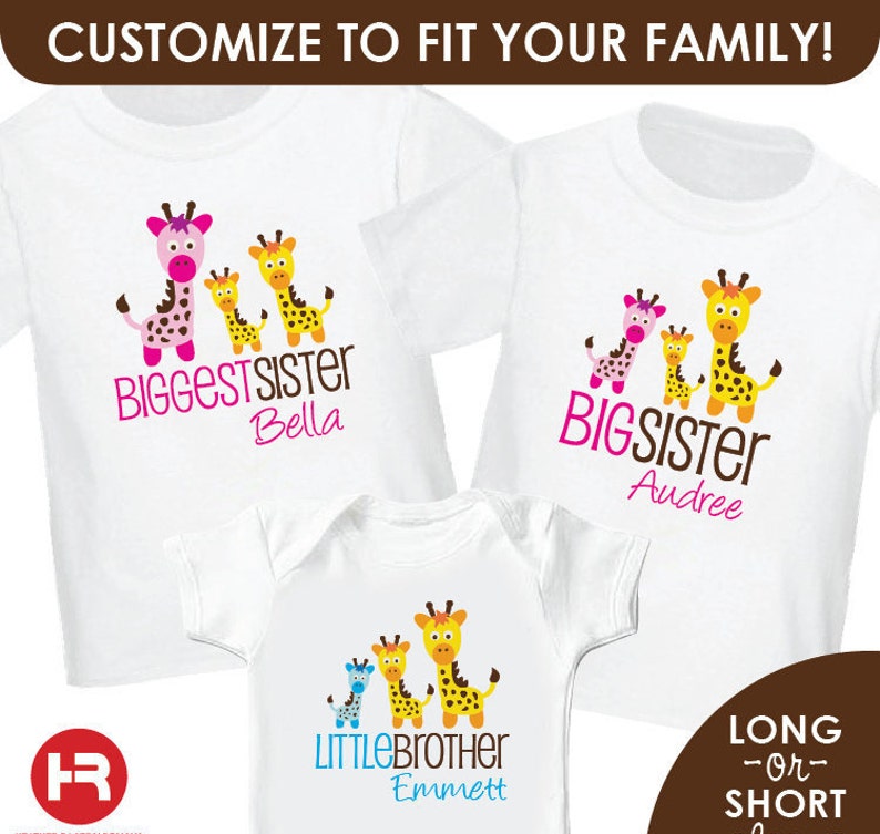 sibling shirts set of 3 personalized 3 giraffe shirts customized to fit your family biggest sister, big sister, little brother image 1