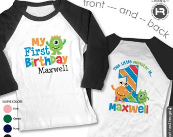 monster first birthday shirt or bodysuit raglan style • boys personalized 1st birthday party outfit monogrammed with name