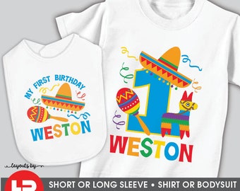 boys fiesta birthday shirt & birthday bib set • personalized cinco de mayo birthday shirt or bodysuit • boys first birthday outfit