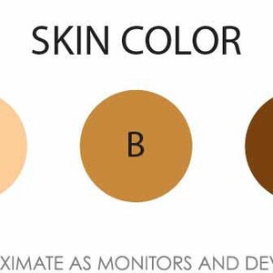 May include: A graphic chart titled SKIN COLOR featuring three circles labeled A, B, and C, each displaying a different shade of skin tone ranging from light to dark brown. The text at the bottom reads: COLORS ARE APPROXIMATE AS MONITORS AND DEVICES VARY GREATLY.