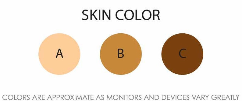 May include: A graphic chart titled SKIN COLOR featuring three circles labeled A, B, and C, each displaying a different shade of skin tone ranging from light to dark brown. The text at the bottom reads: COLORS ARE APPROXIMATE AS MONITORS AND DEVICES VARY GREATLY.