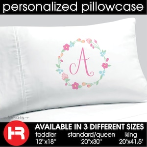 monogram floral wreath pillowcase • flower girl gift • monogrammed floral bedding decor