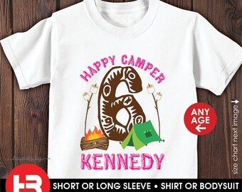 girls camping birthday shirt or bodysuit • any age • personalized camp t-shirt (pink & brown design)