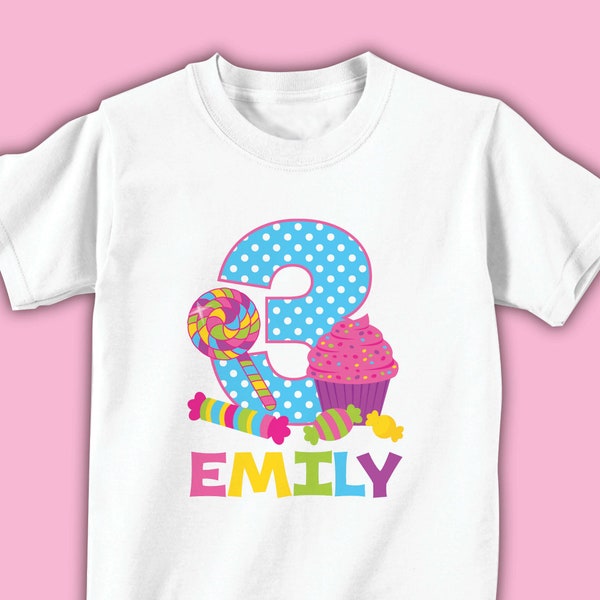 candy theme birthday shirt or bodysuit • girls personalized candy shoppe birthday t-shirt with child's name and age