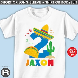 taco fiesta shirt or bodysuit (blue number) personalized cinco de mayo birthday t-shirt • monogram any age • mexican theme birthday party