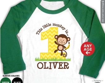 monkey & banana birthday shirt or bodysuit • raglan first birthday party outfit monogram with name and any age