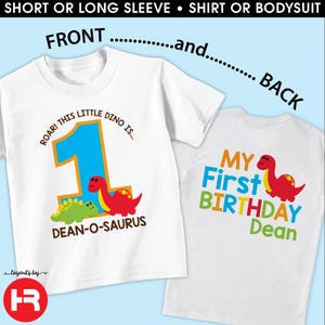 dinosaur first birthday shirt or bodysuit: personalized with child's name, front and back design