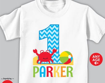 Personalized Beach Birthday Party Shirt • Ocean Theme, Crab & Beach Ball
