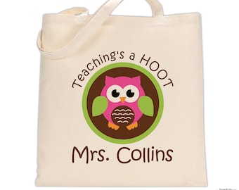 personalized teacher tote bag • pink owl design • graduation present • teacher appreciation gift