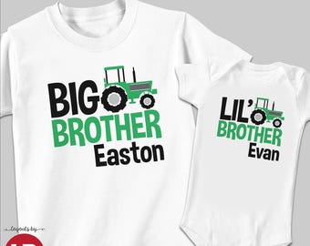 Green tractor big brother shirt & lil' brother bodysuit • 2 personalized sibling t-shirts, 100% Cotton