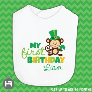 St. Patrick's Day 1st Birthday Bib • personalized shamrock monkey first birthday outfit