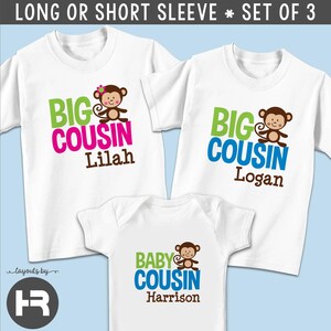monkey girl big cousin shirt, boy big cousin shirt & boy baby cousin bodysuit • 3 personalized matching cousin t-shirts