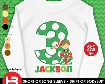 Christmas Elf Birthday Shirt or Bodysuit • Boys Personalized Christmas Birthday Shirt with Child's Name & Age