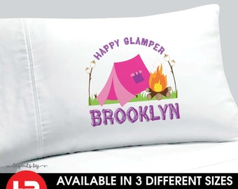 girls happy glamper pillowcase • personalized camp pillow case • camping gear • camp birthday party gift