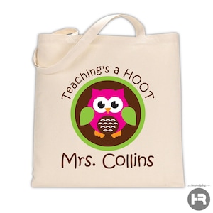 personalized teacher tote bag • pink owl design • teacher appreciation gift