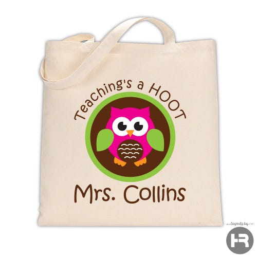 personalized teacher tote bag • pink owl design • teacher appreciation gift