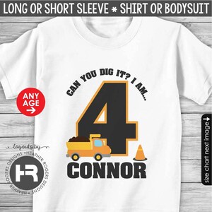 construction birthday shirt or bodysuit monogram dump truck party t-shirt personalized with child's age and name image 5