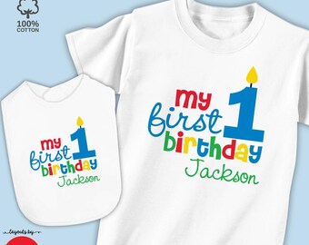 1st birthday shirt, bodysuit or birthday bib (red, green, blue design) • personalized my first birthday outfit monogram with name