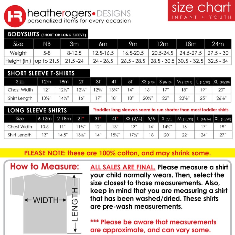 May include: Size chart for infant and youth bodysuits and t-shirts. The chart includes sizes from newborn to 24 months and XS to XL. The chart also includes measurements for chest width and shirt length in inches.