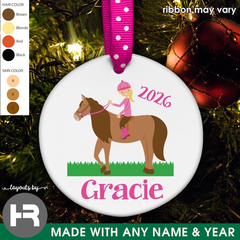 horse ornament • girls personalized horseback rider christmas ornament with name & year immagine 1