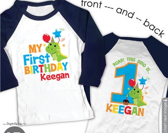 dinosaur first birthday shirt or bodysuit • monogrammed front & back design • raglan personalized 1st party birthday outfit