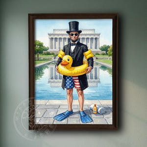 Puede incluir: Pintura a la acuarela de Abraham Lincoln con traje negro, sombrero de copa y gafas de sol, sosteniendo un flotador de pato amarillo. Lleva un bañador con la bandera americana y aletas azules. El Lincoln Memorial está al fondo.