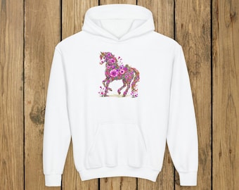 Sudadera juvenil con estampado de caballo floral y gráfico de semental con flores rosas de Canva