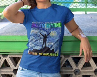 Silueta de Dream Beyond en la camiseta Starry Night / Explora lo imposible / da un salto / Simplemente hazlo / lo imposible