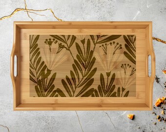 Regalo perfecto para mamá, papá o amigo Bandeja para servir de bambú con grabado de hojas botánicas Bandeja de madera floral