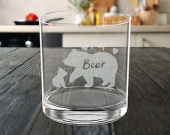 Papá oso y cachorro de vidrio grabado / Mensaje de "Te amo papá" en la parte inferior