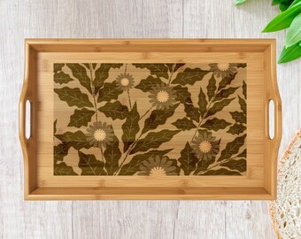 Regalo perfecto para papá, mamá o amigo Bandeja para servir de bambú con grabado floral vintage Patrón de hojas de margaritas