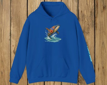 Sudadera con capucha y estampado de orca floral / Sudadera con estampado de ballena y olas / Azul océano / Ola