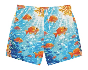 Bañador naranja con diseño de peces tropicales y arrecifes de coral submarinos