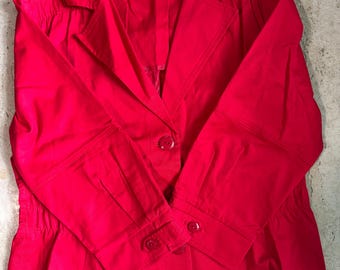 Blazer in cotone Joan Rivers QVC Vintage Y2K con vita arricciata, colore rosso ciliegia, taglia XL da donna.