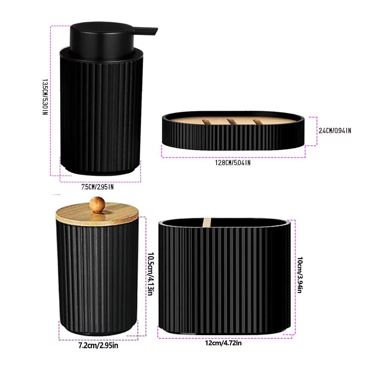 Black Bathroom Accessories Set: Toothbrush Holder, Soap Dispenser, Cotton Box, Dish