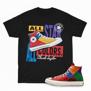 Multi-Color Patchwork Sneaker Shirt, Chuck Taylor Graphic Tee, Black Cotton Streetwear, Sneakerhead Gift