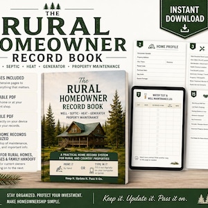 May include: The Rural Homeowner Record Book is a printable and fillable PDF system for tracking property maintenance. It includes pages for home profiles, utility shutoff information, water tests, and well maintenance logs for rural homes.