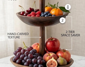 Solid Walnut 2-Tier Fruit Bowl | Hand-Carved Rustic Kitchen Counter Decor