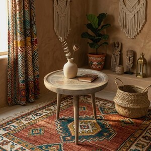 Handcrafted Mango Wood Side Table – Mandala Carved Boho Accent Coffee Table