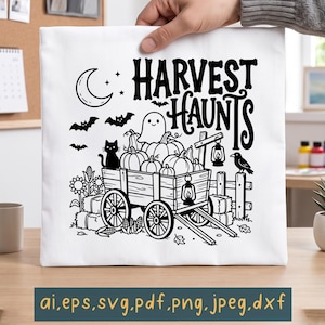 Harvest Haunts SVG, Spooky Fall Pumpkin Patch PNG, Ghost Cat Bat Autumn Design, Farmhouse Halloween Sublimation Cut File, Digital Download