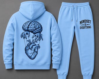 Mens Fleece Sky Blue Tracksuit | Brain Heart Graphic Hoodie Joggers Set, Motivational Sweatsuit