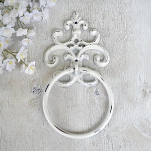 Cast iron, Hand Towel Ring, Towel Hoop, Fleur de lis Hoop, Bathroom Fixture, Cottage decor