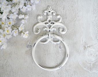 Cast iron, Hand Towel Ring, Towel Hoop, Fleur de lis Hoop, Bathroom Fixture, Cottage decor