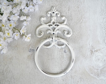 Cast iron, Ornate Hand Towel Ring, Towel Hoop, Fleur de lis, Bathroom Fixture, Home Decor for Bathroom