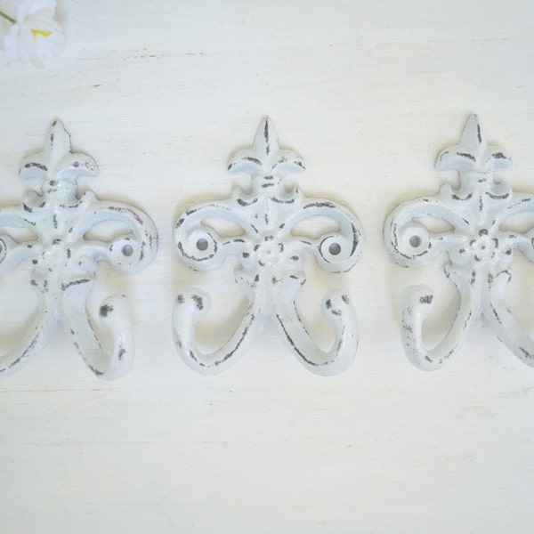 3 Small Fleur de lis Cast iron Hook, Towel Hook, Jewelry hook, Key Hook, Ornate Hook