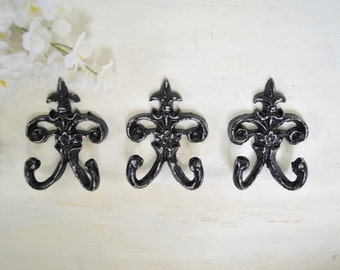 3 Small Ornate Fleur de lis Cast iron Hook,Towel Hook, Key hook, Jewerly hooks