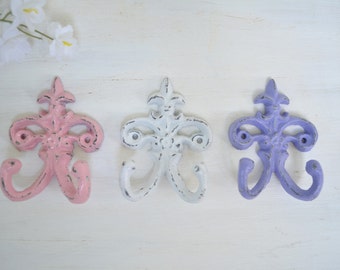 3 Small Fleur de lis Cast iron Hook,Towel Hook, Jewelry hook,Ornate Key Hook,