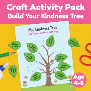 Puede incluir: Un paquete de actividades de manualidades titulado "Construye tu árbol de la bondad" con un diagrama de árbol y avisos en forma de hoja. Incluye un lápiz, pegamento y tijeras. El rango de edad es de 4 a 8 años.