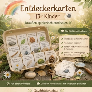 May include: A set of children's discovery cards in an egg carton. The cards feature illustrations of natural items like leaves, stones, and insects. The text on the cards is in German. A magnifying glass and daisies are also visible.