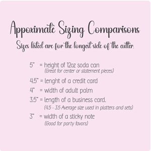 May include: A light pink graphic with the text "Approximate Sizing Comparisons". The text provides size comparisons: 5" is the height of a 12oz soda can, 4.5" is the length of a credit card, 4" is the width of an adult palm.